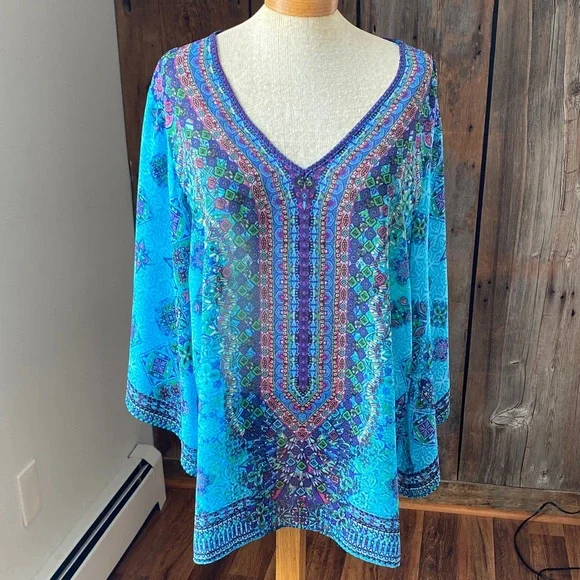 Belle Kim Gravel v neck shear printed boho kimono sleeve pull over poncho Sz Xl - Picture 1 of 9